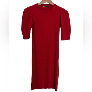 5/20$ Zara ribbed red  puff sleeves mini dress